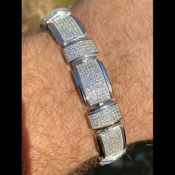 Mens Real Solid 925 Sterling Silver Iced HipHop Custom Flooded Out Bracelet 12mm